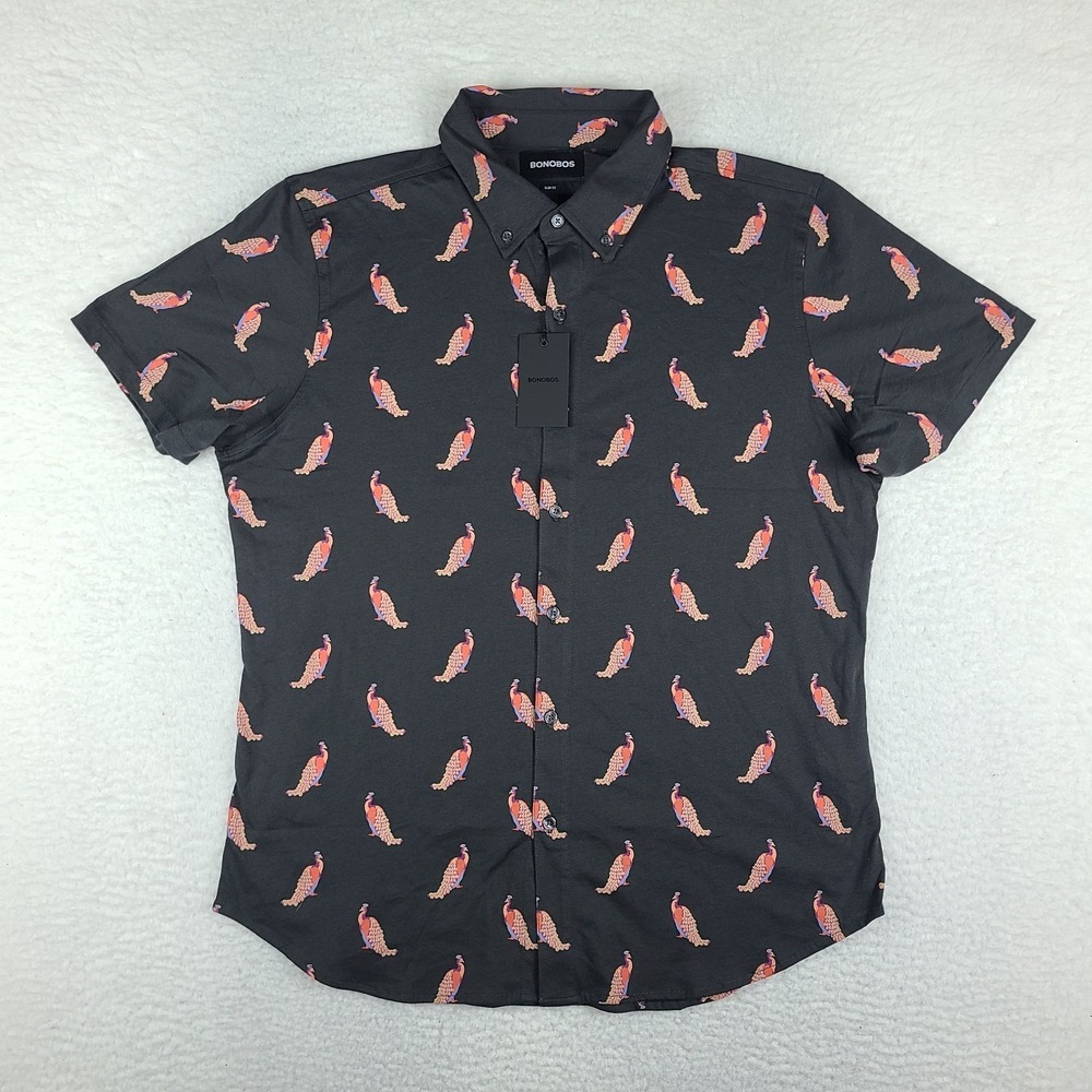 BONOBOS Shirt Men Large Black Slim Fit Peacocks Geometric Hawaiian Button Up NEW